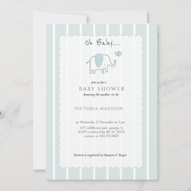 Invitación Minimalist Dusty Blue Oh Baby Elephant Sketch  (Anverso)