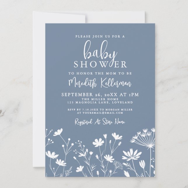 Invitación Minimalist Dusty Blue Wildflower Baby Shower (Anverso)