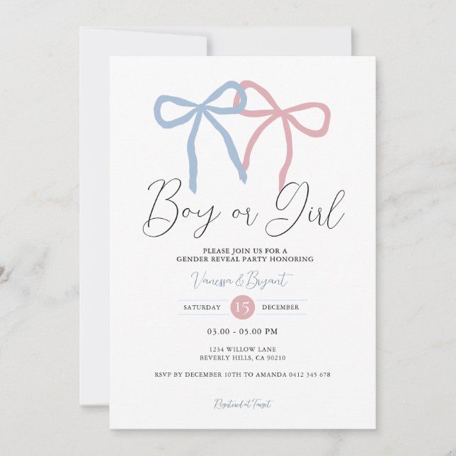 Invitación Minimalist Dusty Pink Blue Ribbon Gender Reveal (Anverso)