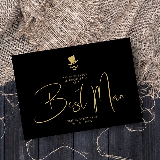 Invitación Minimalist Elegant Gorgeous Script Best Man (Elegant, downloadable golden & black Best Man Wedding Proposal card.)