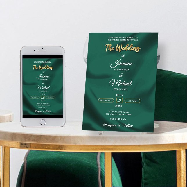 Invitación Minimalist Emerald and Gold Foil Script Wedding  (Subido por el creador)