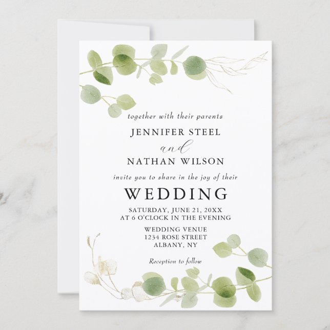 Invitación Minimalist Eucalyptus Green Foliage Classy Wedding (Anverso)