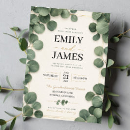Invitación Minimalist Eucalyptus Sage Green Leaves and Gold 