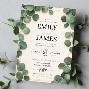 Invitación Minimalist Eucalyptus Sage Green Leaves and Gold
