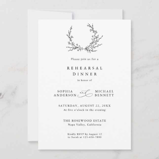 Invitación Minimalist Floral Line Art Wedding Rehearsal   (Anverso)