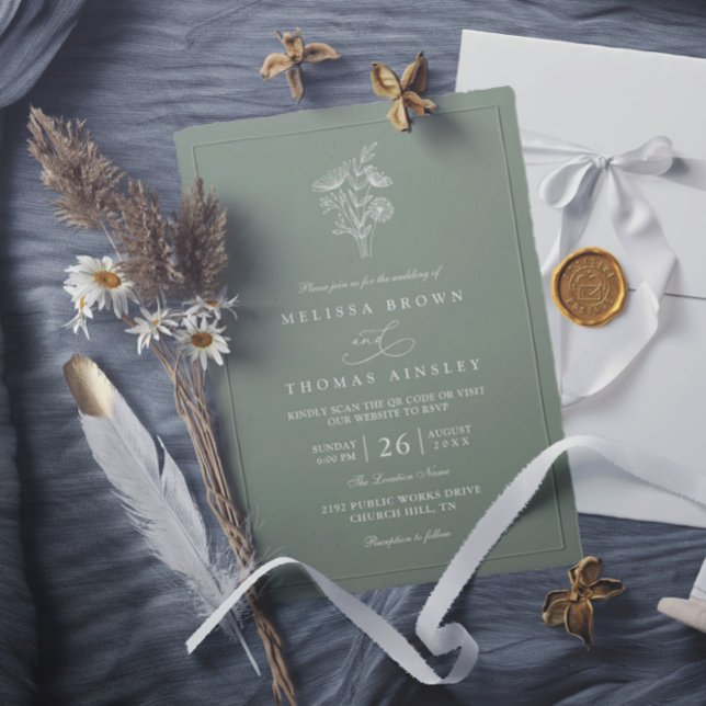 Invitación Minimalist Floral Sage Green Chic QR Code Wedding (Subido por el creador)