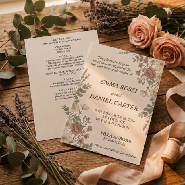 Invitación Minimalist Floreal Cream All In One Wedding  (Simple Floral wedding invitation card, modern and nature inspired)