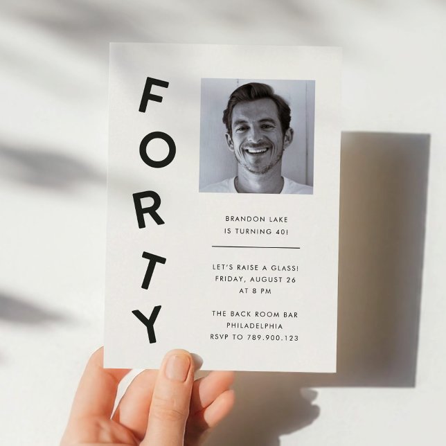 Invitación Minimalist Forty Black + White 40th Birthday Party (minimalist, modern, black-and-white 40th birthday party invitation for men)