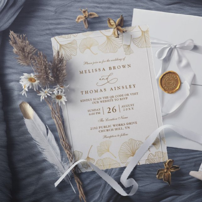 Invitación Minimalist Ginkgo Reverie Gold QR Code Wedding (Subido por el creador)