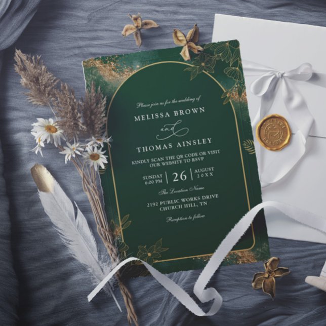 Invitación Minimalist Green and Gold Modern QR Code Wedding (Subido por el creador)