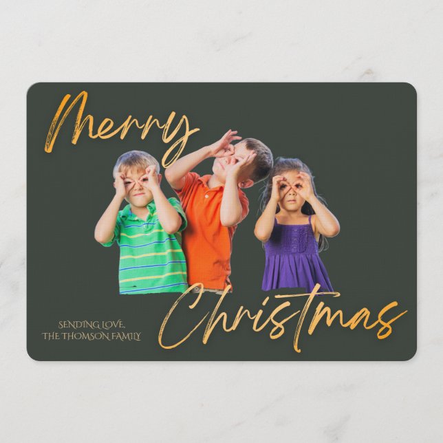 Invitación Minimalist Green Gold Merry Christmas Handwriting  (Anverso)