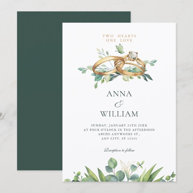 Invitación Minimalist green leaves wedding ring  (Anverso / Reverso)