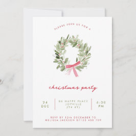 Invitación Minimalist Greenery Wreath & Bow Christmas Party