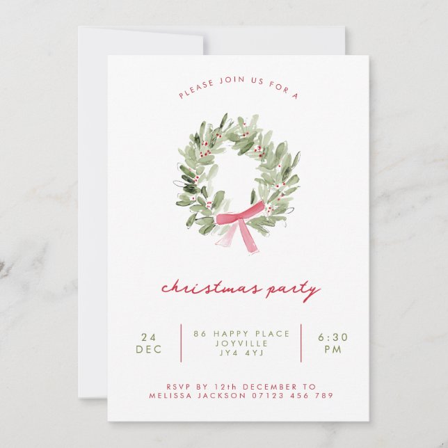 Invitación Minimalist Greenery Wreath & Bow Christmas Party (Anverso)
