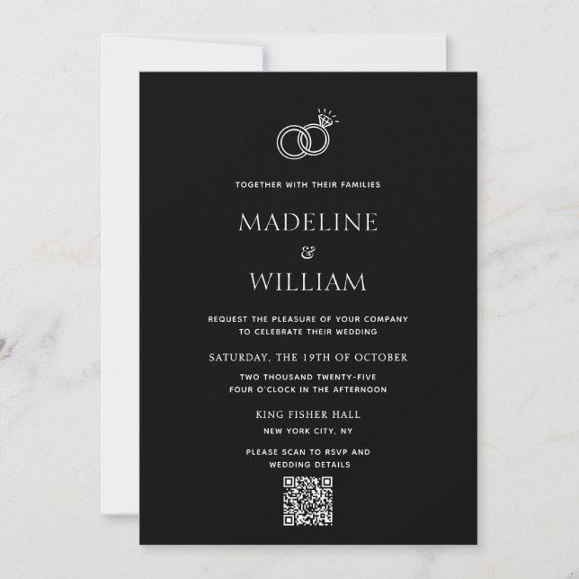 Invitación Minimalist Hand Drawn Rings Black Qr Code Wedding (Anverso)