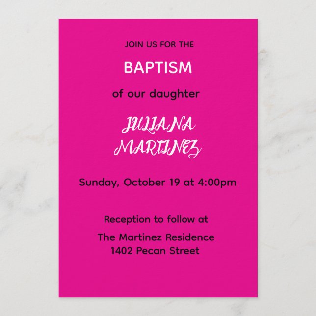 Invitación Minimalist Hot Pink Baptism Invite (Anverso)