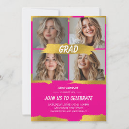 Invitación Minimalist Hot Pink Gold 4Photo Graduation Party 