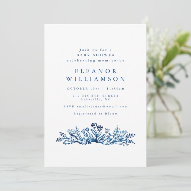 Invitación Minimalist Indigo Blue Ink Botanical Baby Shower (Anverso de pie)