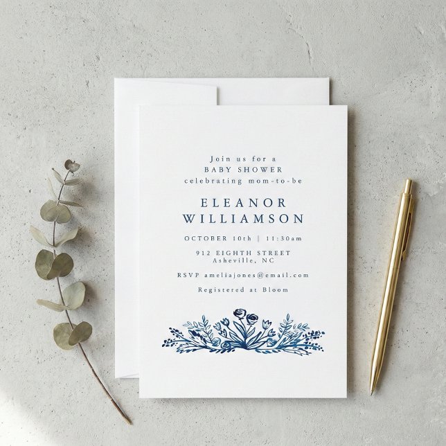 Invitación Minimalist Indigo Blue Ink Botanical Baby Shower (Subido por el creador)