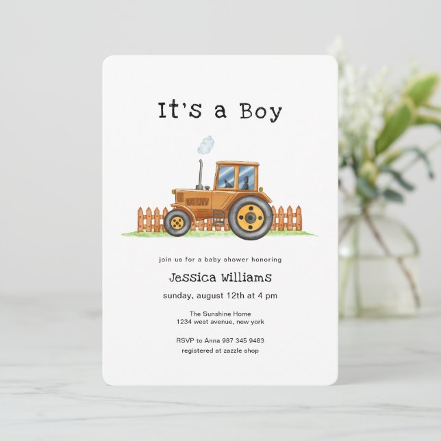 Invitación Minimalist It's A Boy Framer Tractor Baby Shower  (Anverso de pie)