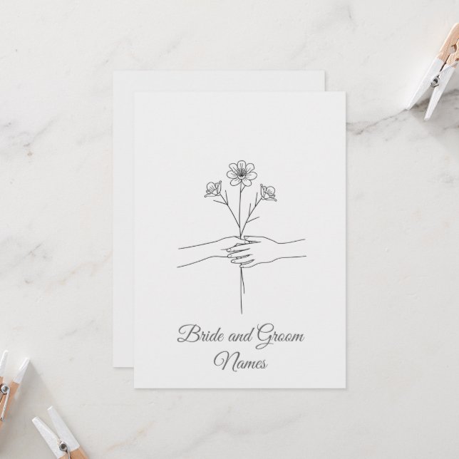 Invitación Minimalist Line Art Hands holding Flowers Wedding  (Anverso/Reverso In Situ)