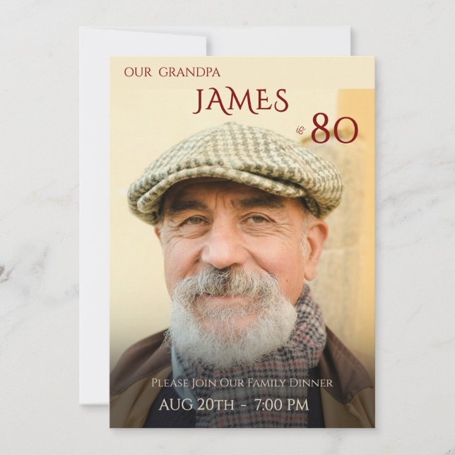 Invitación Minimalist Male Family Photo 80th Birthday  (Anverso)