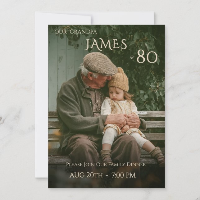 Invitación Minimalist Male Family Photo 80th Birthday  (Anverso)
