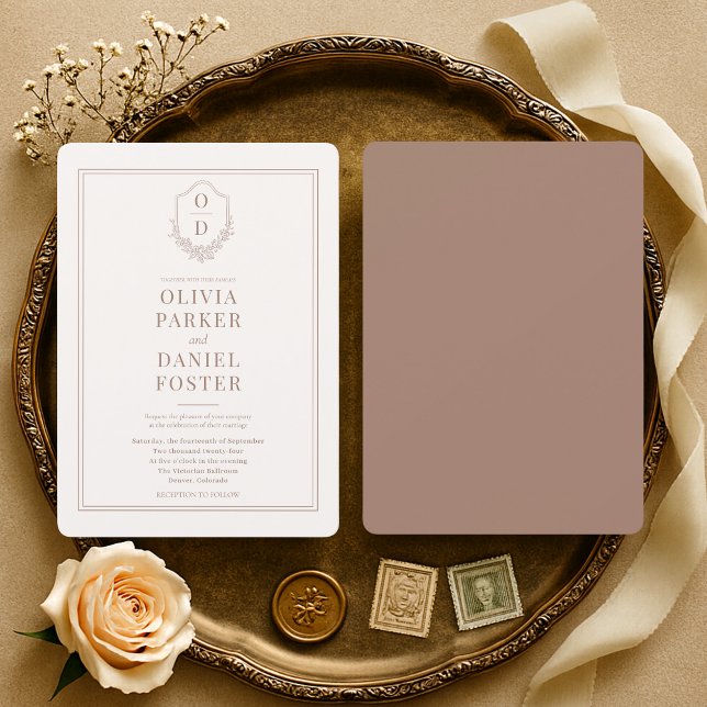 Invitación Minimalist Mocha Brown Crest Wedding (Subido por el creador)