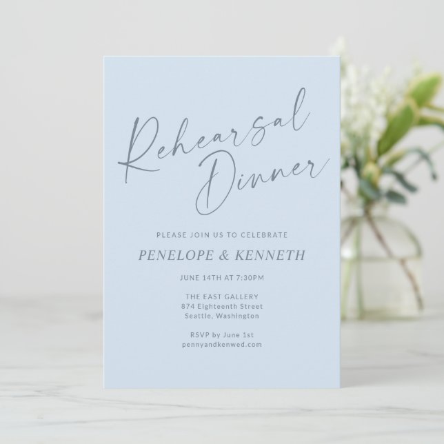 Invitación Minimalist Modern Blue Script Rehearsal Dinner (Anverso de pie)