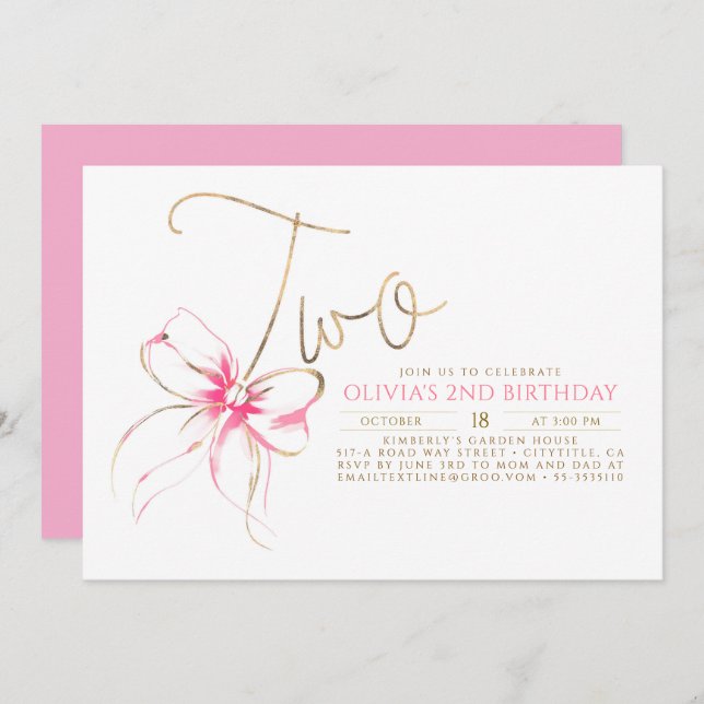 Invitación Minimalist Modern Elegant Pink Bow 2nd Birthday (Anverso / Reverso)