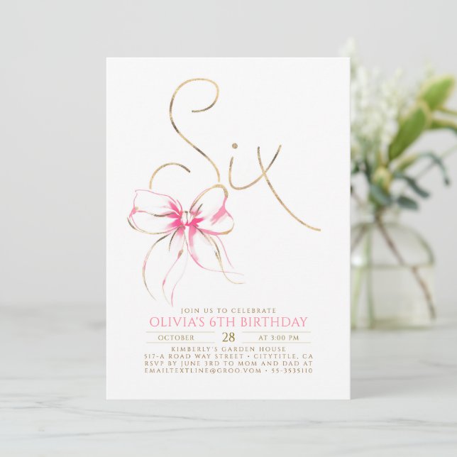 Invitación Minimalist Modern Elegant Pink Bow 6th Birthday (Anverso de pie)