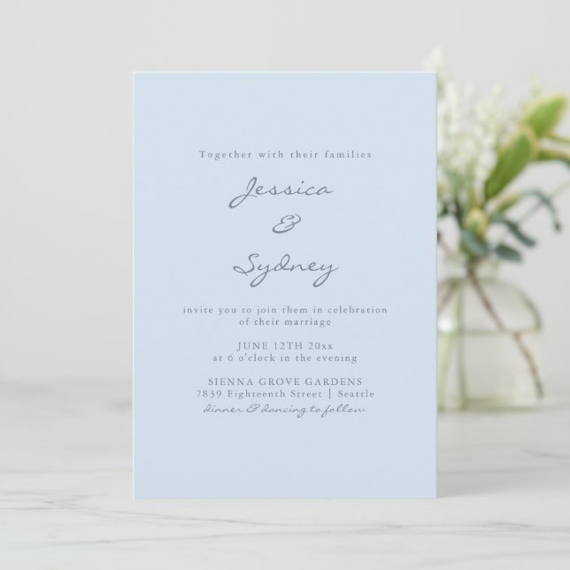Invitación Minimalist Modern Soft Blue Script Wedding (Anverso de pie)