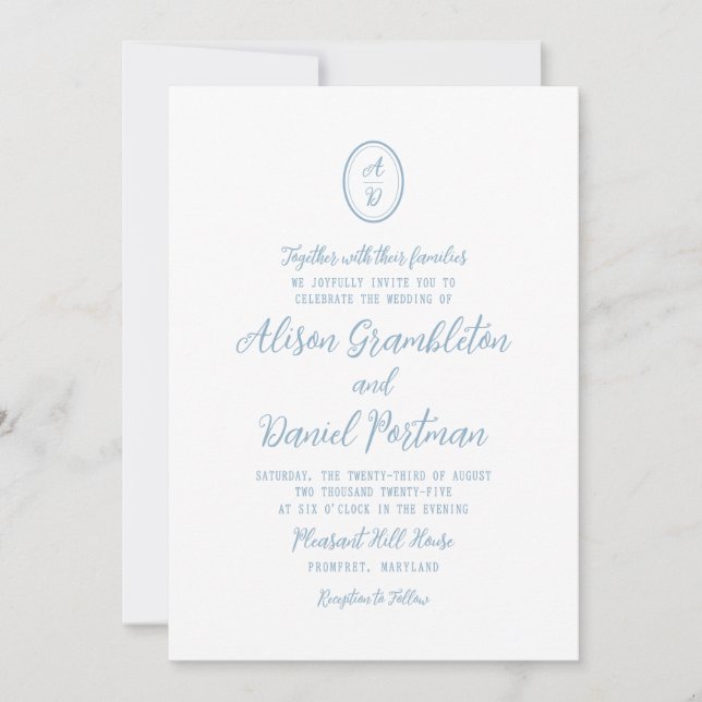Invitación Minimalist Monogram Dusty Blue Wedding Invitation (Anverso)