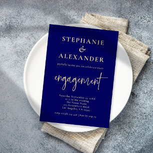 Invitación Minimalist Navy Blue Gold Script Engagement