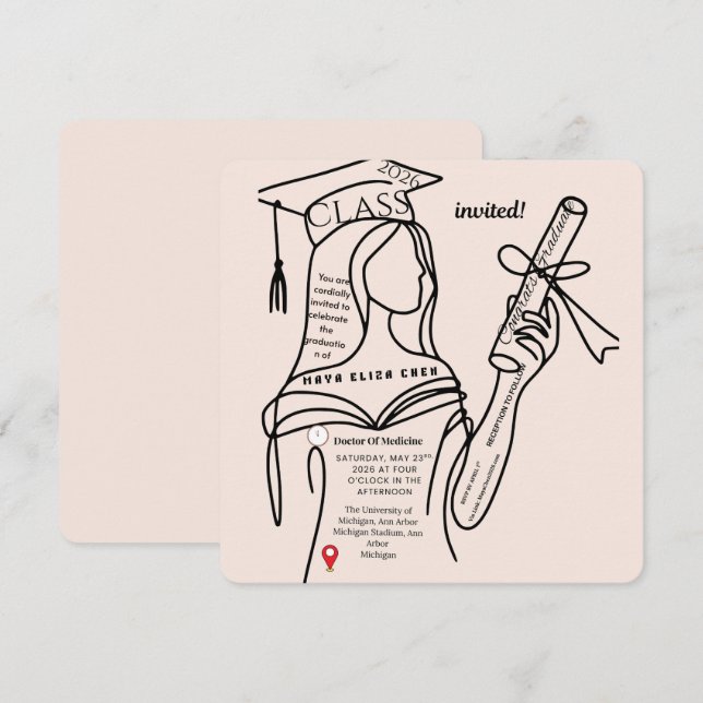 Invitación Minimalist Navy Graduation Invitation | (Anverso / Reverso)