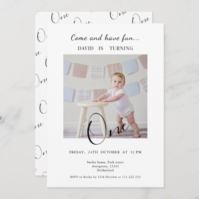 Invitación Minimalist One  Custom Photo First Birthday (Anverso / Reverso)