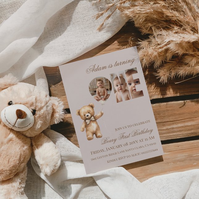Invitación Minimalist Photo Bear Neutral Beary First Birthday (Subido por el creador)