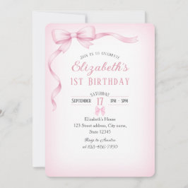 Invitación Minimalist Pink Bow First Birthday Invitation