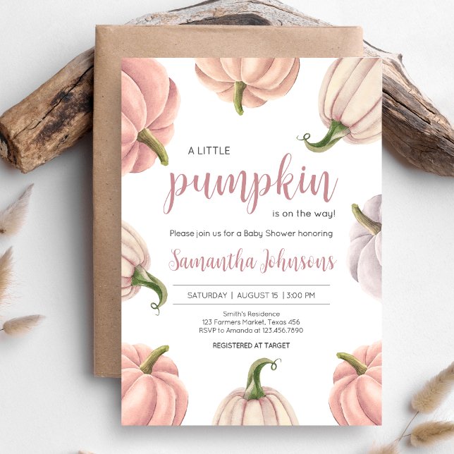 Invitación Minimalist Pink Pumpkin Fall Baby Shower (Pink Pumpkin Baby Shower Invitation )