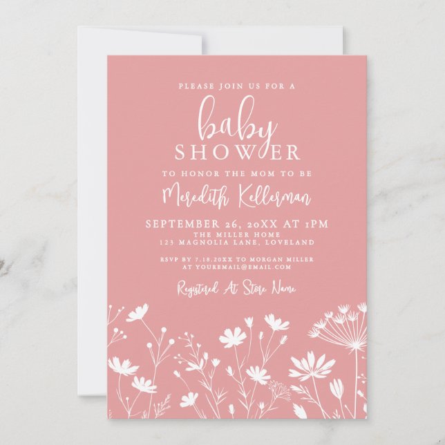 Invitación Minimalist Pink Wildflower Baby Shower (Anverso)