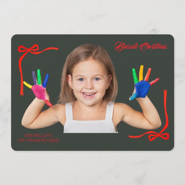 Invitación Minimalist Red Bows Blessing Christmas Handwriting (Anverso)