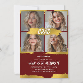Invitación Minimalist Red Gold 4Photo Graduation Party 