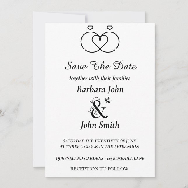 Invitación Minimalist Rings Heart Wedding Save The Date  (Anverso)