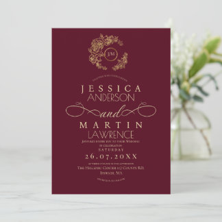 Invitación Minimalist Romantic Script Burgundy Gold Wedding 