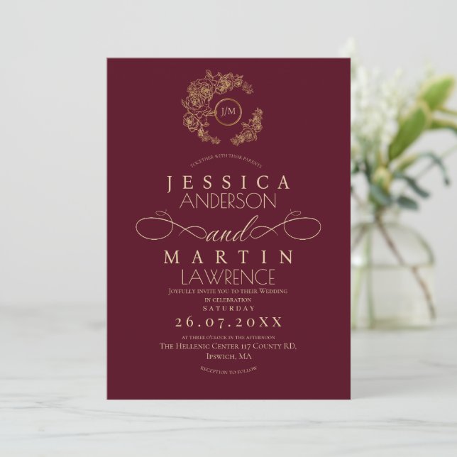 Invitación Minimalist Romantic Script Burgundy Gold Wedding  (Anverso de pie)