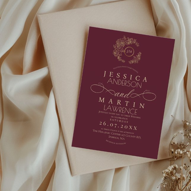 Invitación Minimalist Romantic Script Burgundy Gold Wedding  (Subido por el creador)