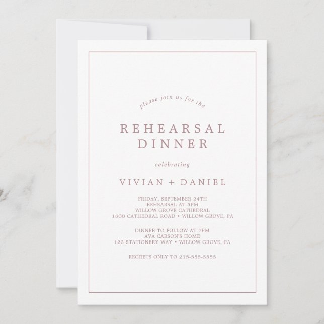 Invitación Minimalist Rose Gold Typography Rehearsal Dinner (Anverso)
