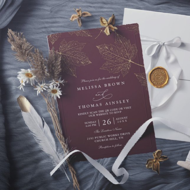Invitación Minimalist Rustic Gilded Maple QR Code Wedding (Subido por el creador)