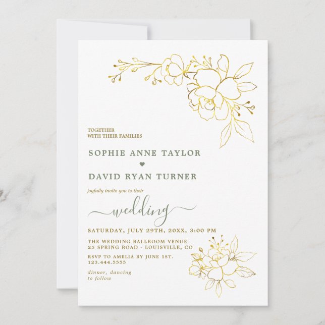 Invitación Minimalist Sage Green Gold Flowers Wedding (Anverso)