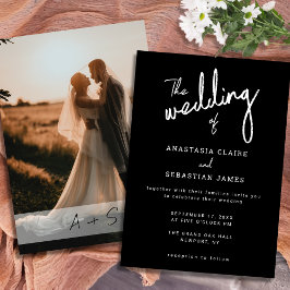 Invitación Minimalist Script Black and White Photo Wedding